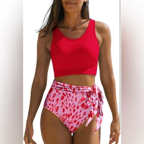 Fenomo Scoop Neck Racerback High Waisted Bikini Floral Print Red/Pink Sz M NWOT - Picture 1 of 5